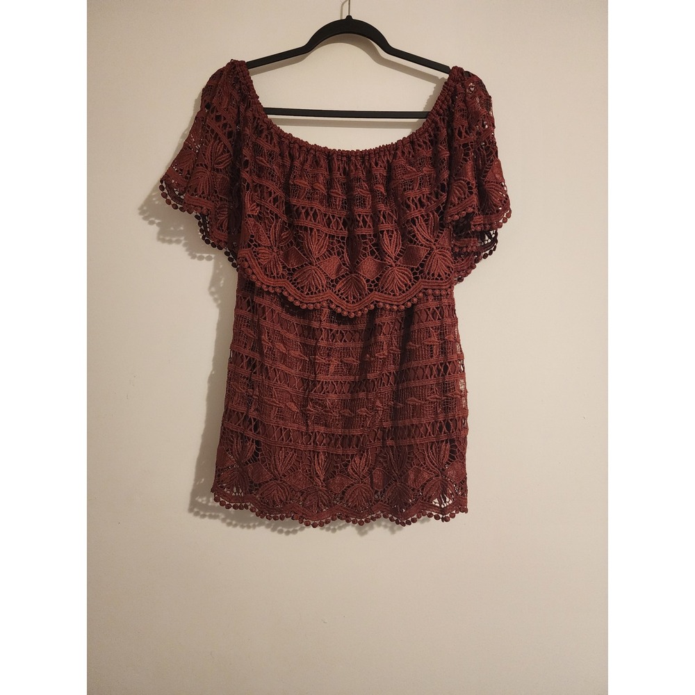 Cato Lace Blouse Womens 22/24W Rust Brown Boho Off Shoulder Top Festival SEO